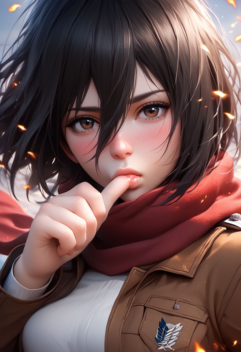 score_9, score_8_up, score_7_up, i want the whole image to be created in 3D anime style, 1girl, solo, looking at viewer, short hair, bangs, shirt, black hair, hair between eyes, brown eyes, jacket, white shirt, upper body, artist name, scarf, open jacket, lips, wind, portrait, red scarf, brown jacket, nose, emblem, paradis military uniform, embers, survey corps (emblem), mikasa ackerman, sucking_own_thumb, Sucking own thumb, blush, nervous,