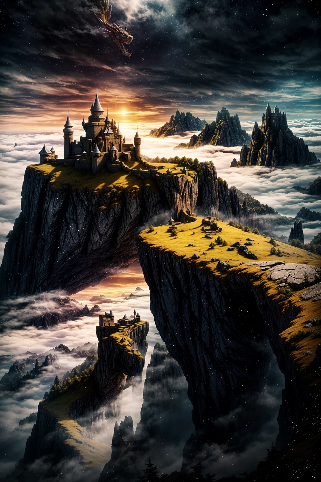 enchanted fortress, above the clouds, dragon emerging from the mist, mystical atmosphere, detailed stone walls, high detail, ultra high-resolution, photorealistic, dramatic shadows, glowing light, fantasy landscape, detailed clouds, beautiful, masterpiece
<lora:add_detail:1>