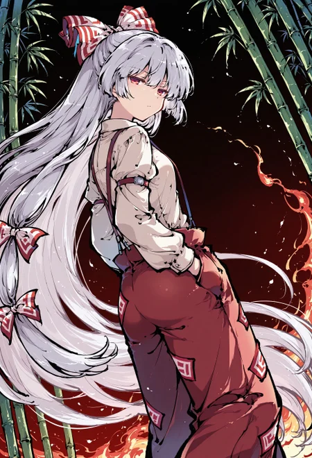 safe_pos, source_anime, high res image, masterpiece, perfect quality, best quality, newest, absurdres, highres, ultra detailed face, detailed eyes, tokiame, ink, sdxl_lightning_4step_lora_rank1, HDR, amazing composition, 1girl, solo, Fujiwara no Mokou, red eyes, hair between eyes, grey hair, hair bow, hair ribbon, long hair, very long hair, white hair, bow, suspenders, white shirt, shirt, long sleeves, pants, white bow, red pants, collared shirt,
BREAK
walking away from viewer, expressionless, half closed eyes, accurate anatomy, hands in pocket, flowing hair
BREAK
beautiful night, bamboo grove, dark background, from below, looking back, surrounded by flames, ambient light, dynamic lighting, dynamic angle, dutch angle