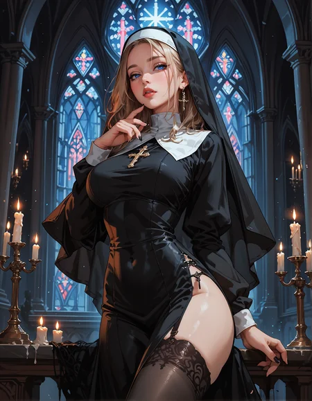score_9, score_8_up, score_7_up, score_6_up, score_5_up, score_4_up,  beautiful girl, dark fantasy, gothic, eerie, (solo), nun girl, veil, lace stockings, night, cathedral, candlelight, glowing, sultry look, suggestive, sexy, 1girl, delicate and smooth skin, blush, perfect body, thighs, large teardrop breasts, highly detailed, glossy lips  <lora:Expressive_H-000001:0.6>, expressiveH  <lora:g0th1cPXL:0.4> <lora:incase_style_v3-1_ponyxl_ilff:0.3>  <lora:sinfully_stylish_SDXL:0.4>