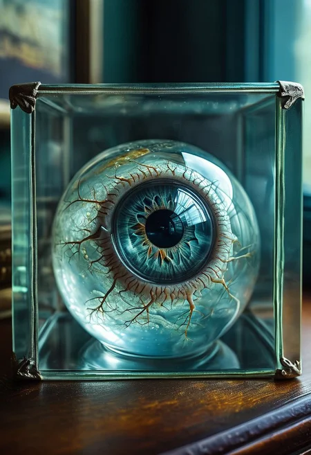 A breathtaking image of a human eyeball contained within a small glass box on a desk, closeup, macro, highly detailed, high quality surreal image, movie poster style