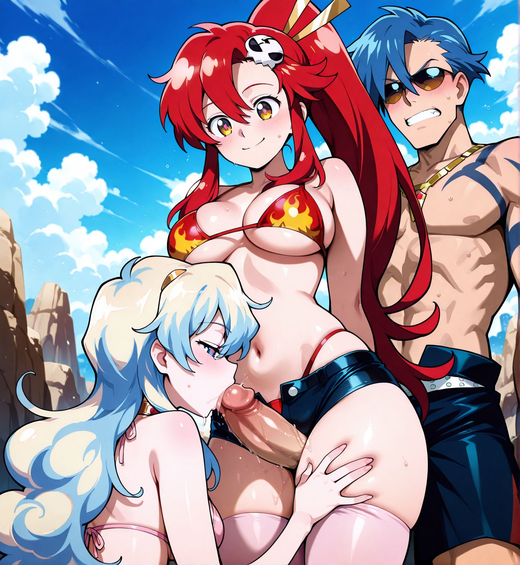 <lora:add-detail-xl:0.5>,,masterpiece,best quality,anime coloring,anime screenshot,
<lora:Thighjob_with_handjob:0.9> Thighjob_V1,
(fellatio through another's thighjob),  
teamwork (sexual), (2girls), ffm threesome,  front view,
1boy, thighjob, faceless male, 
sunglasses male, 
BREAK
Nia nia teppelin, 
outdoors, day, rock,Wilderness，
thick thighs, 
Yoko Littne (tengen toppa gurren lagann),  red hair, 
Kamina,
fire bikini,short shorts, 
tengen toppa gurren lagann, official art, 
20YO,milf,adult,