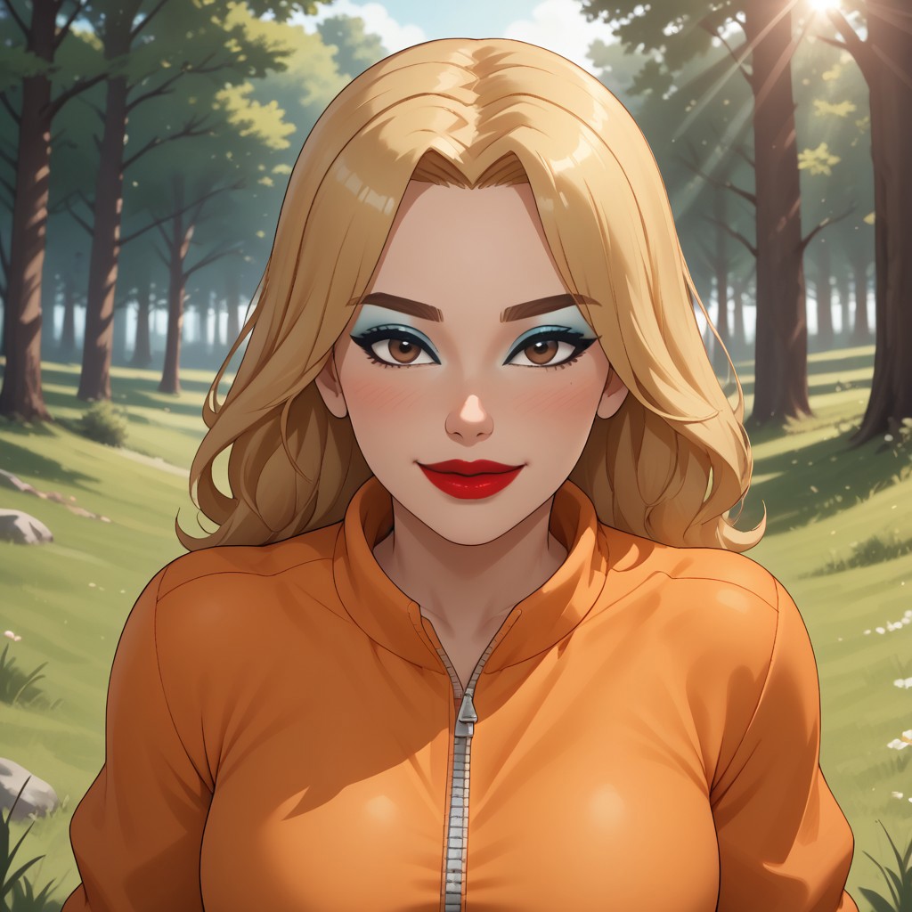 score_9, score_8, BREAK, solo, wii, mii, wii sports, 1girl, female mii, cute, attractive, blonde hair, brown eyebrows, brown eyes, makeup, blush, blue eyeshadow, red lips, lipstick, orange clothing, white pants, shoes, breasts, nintendo mii, modern_mii, classic_mii, Marilyn_(OC_Mii), sexy pose, self portrait, smile, outdoors, sunlight, shadows, evening lighting, natural lighting, forest, trees, grass, orange sky, sunset