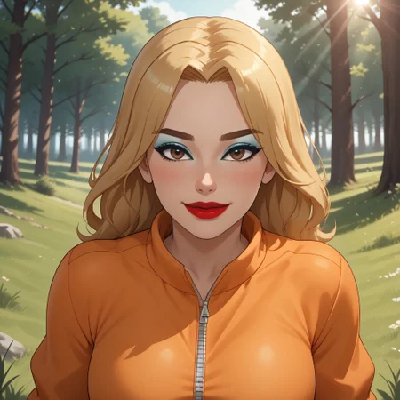 score_9, score_8, BREAK, solo, wii, mii, wii sports, 1girl, female mii, cute, attractive, blonde hair, brown eyebrows, brown eyes, makeup, blush, blue eyeshadow, red lips, lipstick, orange clothing, white pants, shoes, breasts, nintendo mii, modern_mii, classic_mii, Marilyn_(OC_Mii), sexy pose, self portrait, smile, outdoors, sunlight, shadows, evening lighting, natural lighting, forest, trees, grass, orange sky, sunset