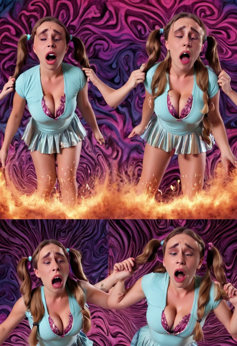 FemConnor is a pretty orgasming chick, (boy is turning pigtails girls), Transformation sequence, Boy transforming into a busty petite girl, gender change growths, same person 4k faces, detailed male into female transforming, (sobbing trippy psychedelics), ((morphing gradual)), breast explosion