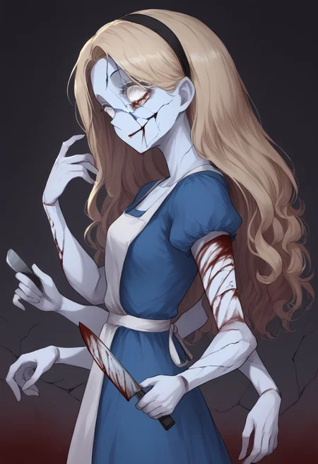 score_9, score_7_up, score_8_up, source_anime, 1girl, blood stains, cute, beautiful, (tall:1.6), giant, arched back, yoga pose, skinny, white skin, (cracked skin:1.5), Shiny Skin, creepy smile, curly hair, (hyper iris:1.0), white eyes, blue dress, pantyhose, apron, blonde, black hairband, distorted, dark shadows, closeup, swirling eyes, csr style, multiple arms, (horror smile:1.0), empty mouth, bedroom, darkness, horror, (arching back:1.6), from side, upper body,holding, multiple knifes, holding knife, kitchen knife, close-up, Blood, gore,many blood, pool of blood, blood stains, stained with blood, multiple arms, extra arms, anatomically correct, extra sleeves, hunched back, long spine, skinny limbs,