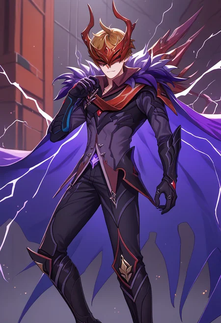 score_9, score_7_up, source_anime,
tartaglia, 1boy, male focus, solo, mask, red mask, armor, black armor, fur trim, cape, purple cape, mask on face, horns, covered face, full mask, boots, menacing, claw,
indoor, darkness, electricity,