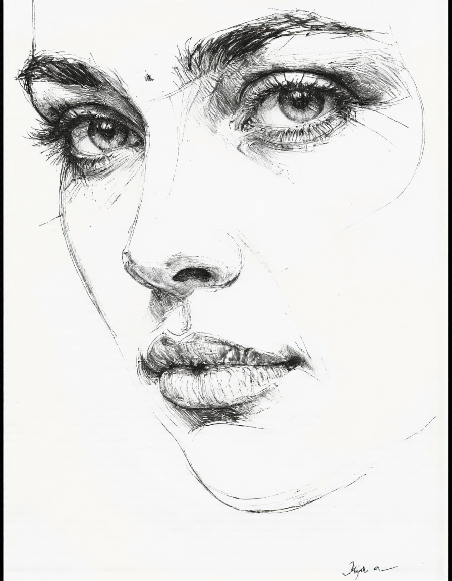 This is a black and white drawing of a woman's face, rendered in a stylized, expressive manner using ink. The artwork is done in a contemporary, illustrative style with a focus on line work. The face is shown in close-up, with the eyes and nose being the most detailed features. <lora:Sketch:0.75> <lora:Sketching:0.8> <lora:Charcoal:1>