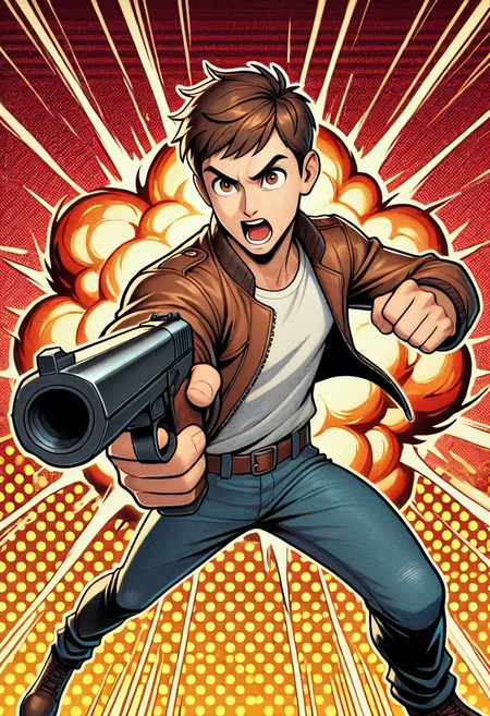 <lora:halftone_dot_pattern:1.0> , halftone_pattern,  male, 1boy, action pose, dynamic background, explosion, epic, portrait, white outline, human, gun fight