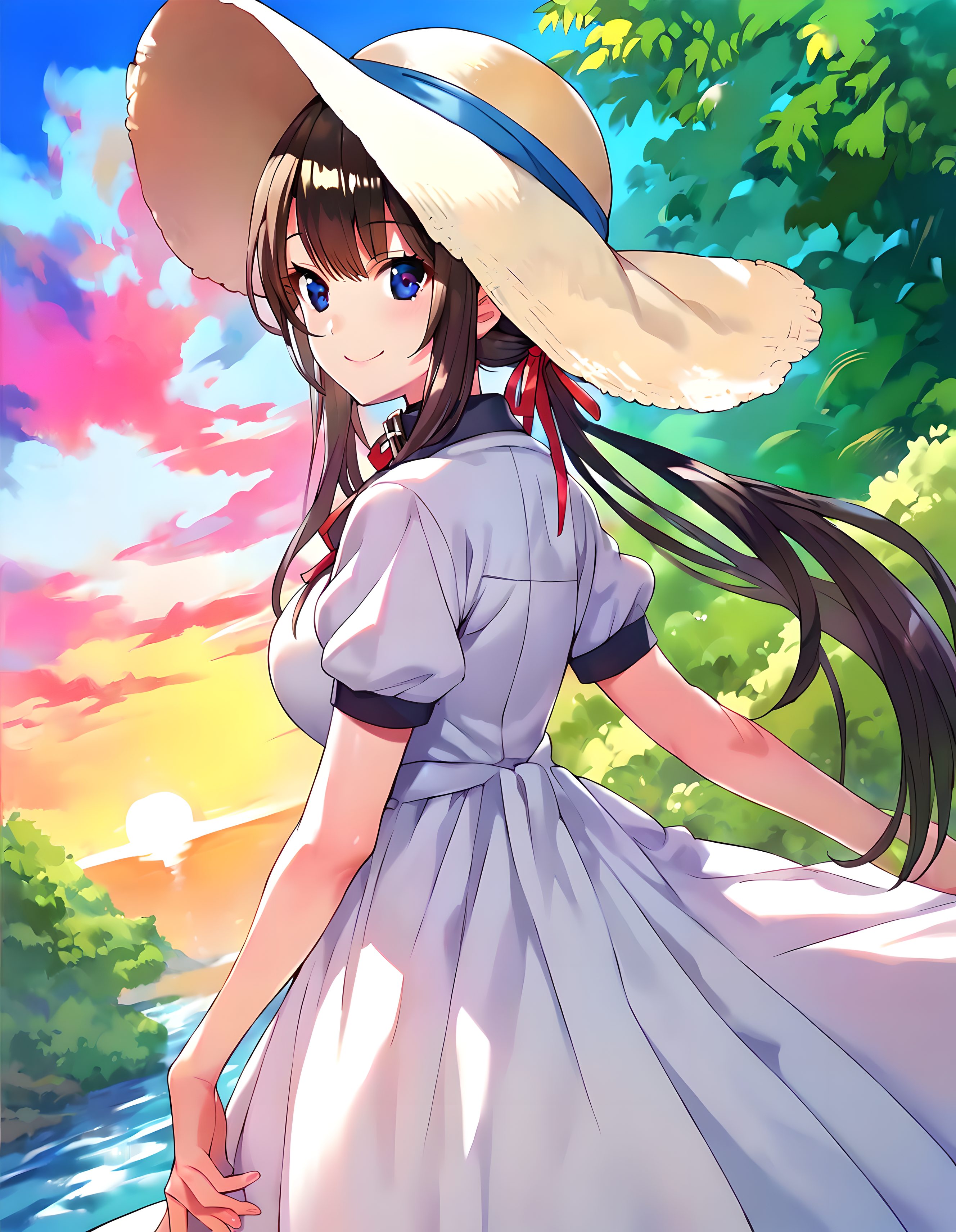 <lora:pony_xl_karin:0.9>,karin,score_9,score_8_up,score_7_up,source_anime,1girl,solo,white headwear,sun hat,hat ribbon,white dress,collared dress,black collar,short sleeves,neck ribbon,nature,day,sky,cowboy_shot,looking_back,smile,:d,
