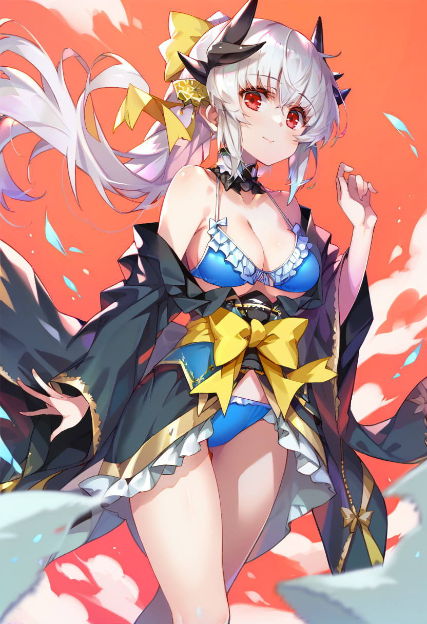score_9, score_8_up, score_7_up, source_anime BREAK 1girl,  <lora:spfateKiyohimeXLPony:1> kiyola3st, white hair, horns, yellow bow, blue bikini, cleavage, frills, frilled bikini, japanese clothes, black kimono, standing, full-body shot,       <lora:HongBS_Whitespider_-Style-PonyXL-Dora-000035:1>