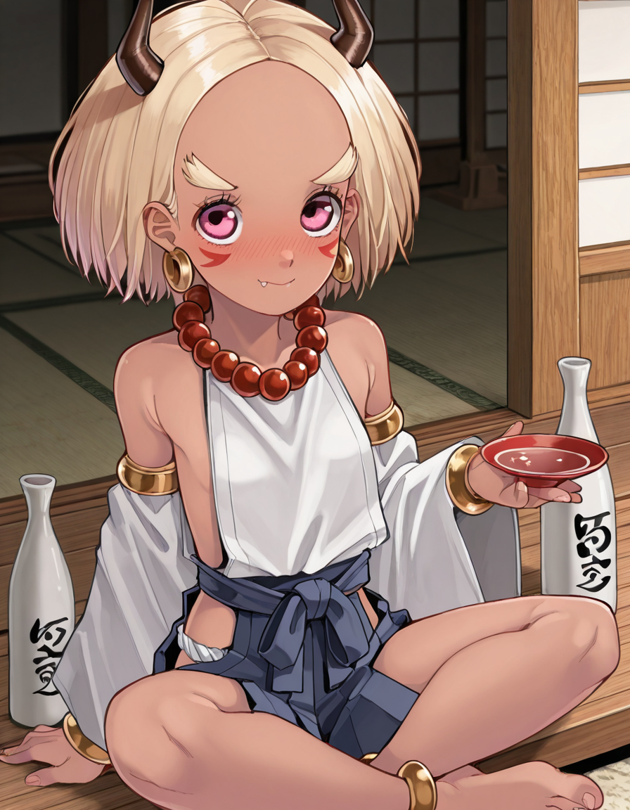 masterpiece, amazing quality, high resolution, suz4n, onibaba, dark skin, blond hair, pink eyes, earrings, bushy eyebrows, forehead, facial marks, horns, detached sleeves, sitting cross legged, japanese shrine, sake bottle, sake cup, holding sake cup, blush, drunk