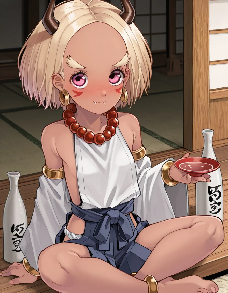 masterpiece, amazing quality, high resolution, suz4n, onibaba, dark skin, blond hair, pink eyes, earrings, bushy eyebrows, forehead, facial marks, horns, detached sleeves, sitting cross legged, japanese shrine, sake bottle, sake cup, holding sake cup, blush, drunk