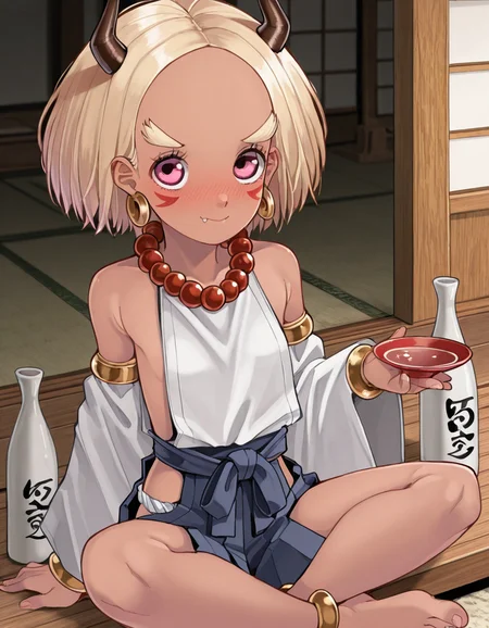 masterpiece, amazing quality, high resolution, suz4n, onibaba, dark skin, blond hair, pink eyes, earrings, bushy eyebrows, forehead, facial marks, horns, detached sleeves, sitting cross legged, japanese shrine, sake bottle, sake cup, holding sake cup, blush, drunk