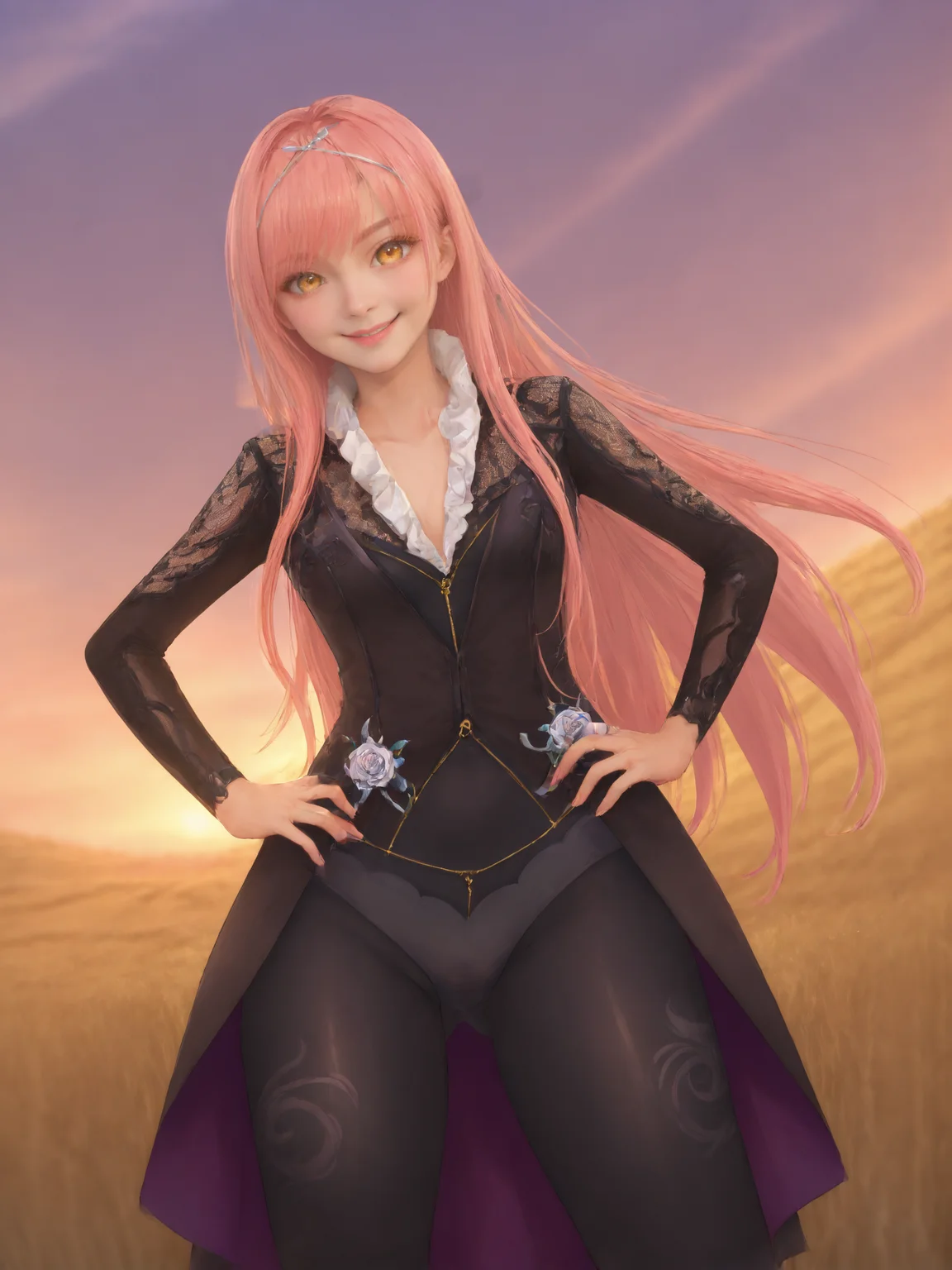 score_9, score_8_up, score_7_up, BREAK,
1girl, solo, BREAK,
cnocnariabhfate, yellow eyes, black dress, pink hair, black pantyhose, <lora:Cnoc_na_Riabh:0.8>, BREAK,
smug, smile, looking at viewer, BREAK,
hands on own hips, ass visible through thighs, cowboy shot, facing viewer, BREAK,
outdoors, field, sunset, orange sky, purple sky