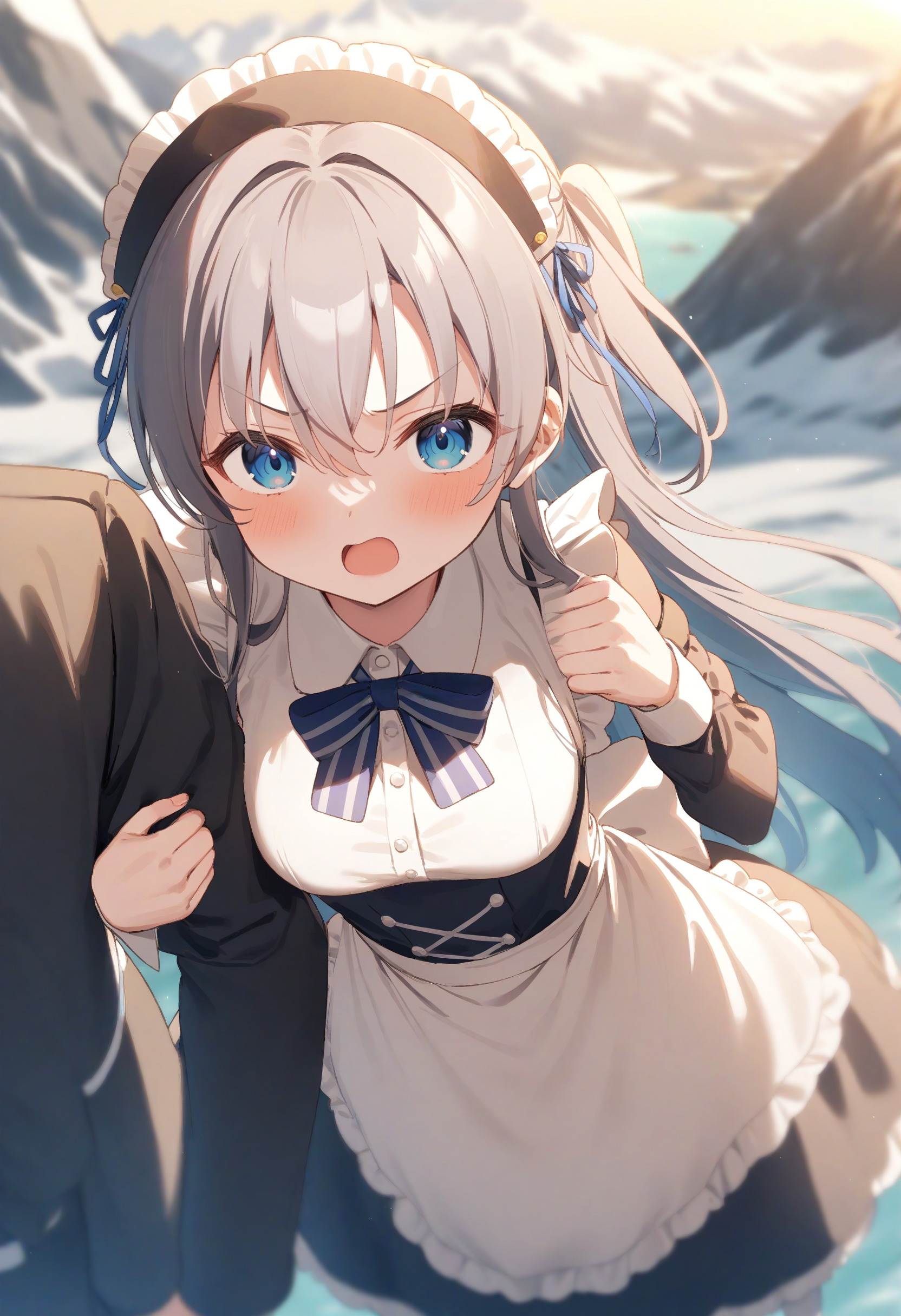 1girl,sincos, ningen mame, toosaka asagi,solo,medium breasts,20yo,maid,maid headdress,
arm hug, solo focus, out of frame, holding another's arm,<lora:armhug_XL_v1:0.7>
from above, fisheye lens, looking away, angry, glacier, open mouth,
best quality, very aesthetic, absurdres