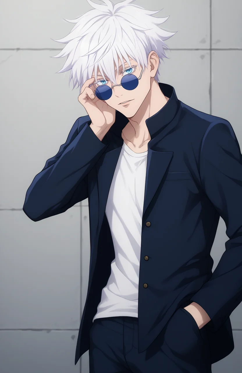 score_9, score_8_up, score_7_up, score_6_up, BREAK, source_anime, rating_explicit, masterpiece, best quality, detailed background
<lora:Gojou_Satoru_JUJUTSUKAISEN_Culty:1> short hair, 1boy, white hair, gojou satoru, blue eyes, colored eyelashes, hair between eyes, black jacket, pants, round sunglasses, looking at viewer, hand in pocket,