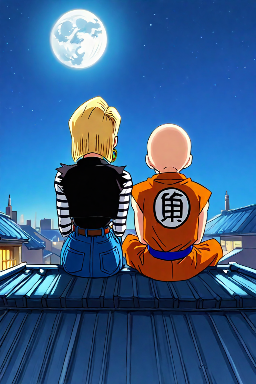<lora:sitting_couple_IllustriousXL-000006:1>,masterpiece, highres, sitting ,  side-by-side, rooftop, sky, moon,  from behind,  BREAK <lora:android-18-ponyxl-lora-nochekaiser:0.8> , 1girl, android 18, blonde hair, eyelashes, hoop earrings, short hair, earrings, belt, black legwear, black shirt, breast pocket, collarbone, denim, denim skirt, high-waist skirt, jewelry, long sleeves, pocket, shirt, shirt tucked in, skirt, striped, striped sleeves, waistcoat, BREAK <lora:KrillinPony:0.8>, 1boy, kuririn, bald, no sclera, martial arts clothes, orange vest, orange pants, blue sash, blue wristband, (sleeveless:1.5), blue flats, white short socks, black badge
