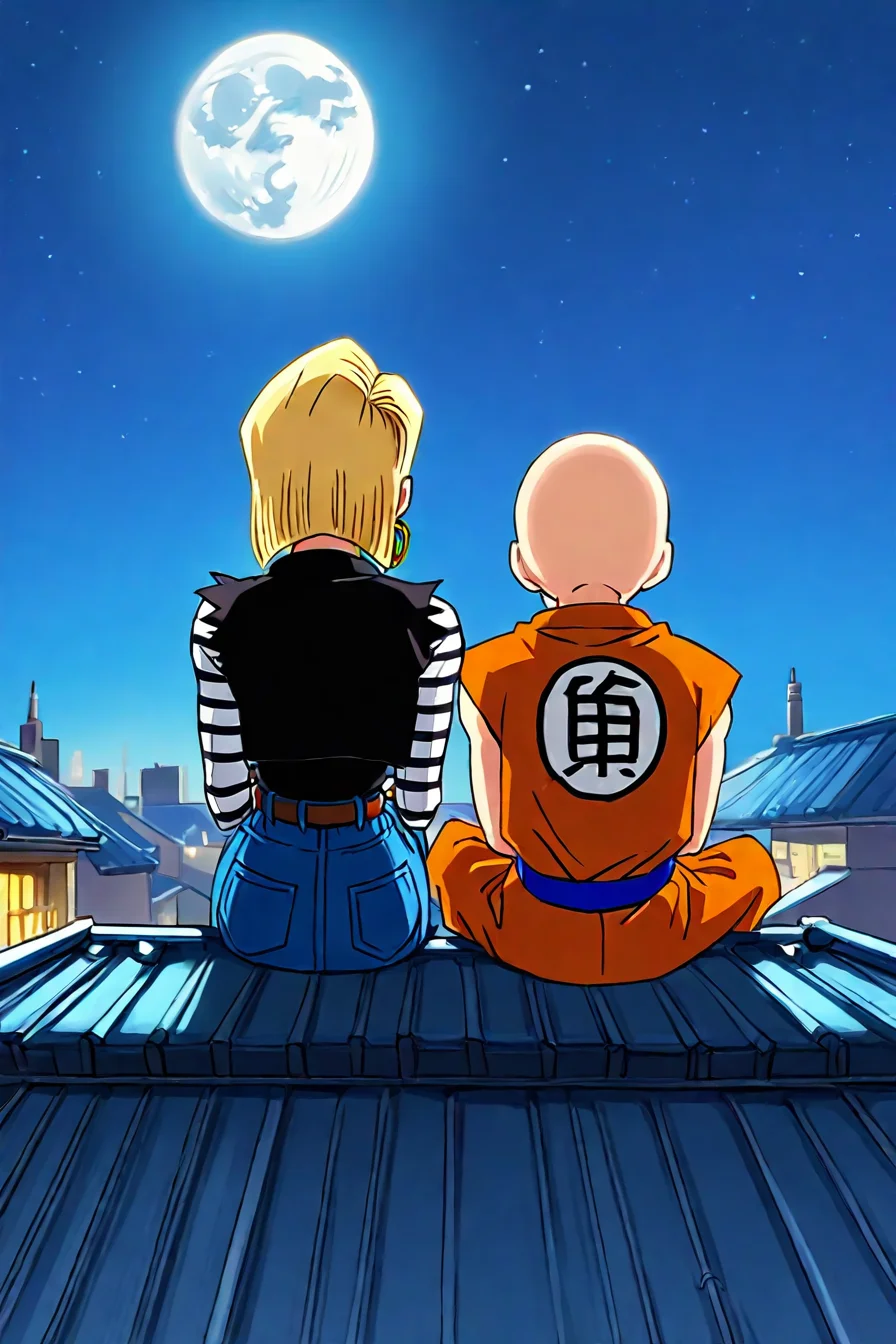 <lora:sitting_couple_IllustriousXL-000006:1>,masterpiece, highres, sitting , side-by-side, rooftop, sky, moon, from behind, BREAK <lora:android-18-ponyxl-lora-nochekaiser:0.8> , 1girl, android 18, blonde hair, eyelashes, hoop earrings, short hair, earrings, belt, black legwear, black shirt, breast pocket, collarbone, denim, denim skirt, high-waist skirt, jewelry, long sleeves, pocket, shirt, shirt tucked in, skirt, striped, striped sleeves, waistcoat, BREAK <lora:KrillinPony:0.8>, 1boy, kuririn, bald, no sclera, martial arts clothes, orange vest, orange pants, blue sash, blue wristband, (sleeveless:1.5), blue flats, white short socks, black badge