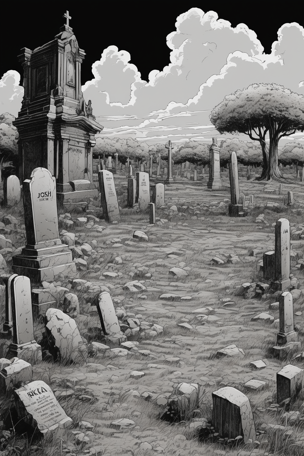 Josh Kirby Style - detailed comic book illustration of akira dirty gravestones landscape drawn in the style of rick and mortyq 2