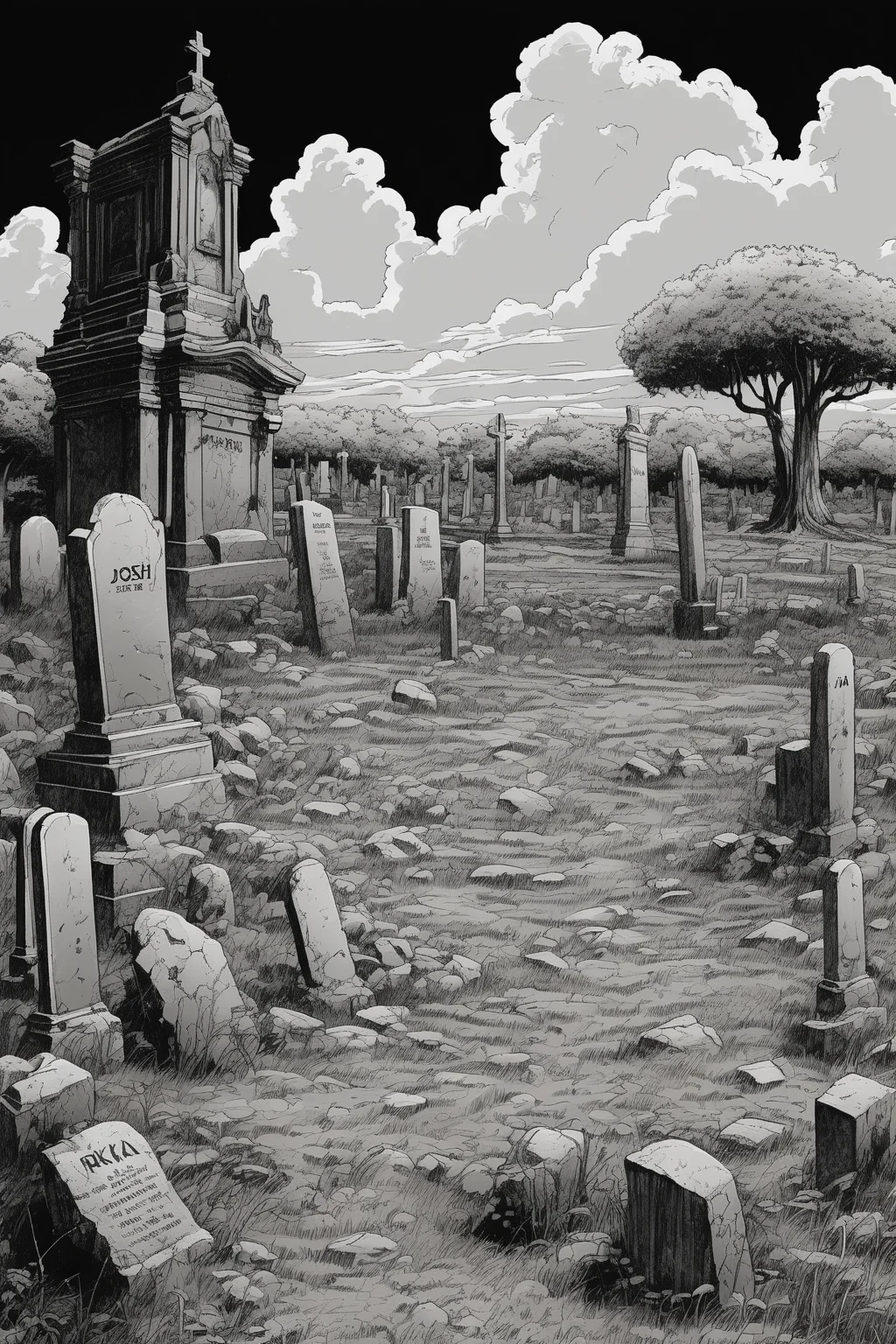 Josh Kirby Style - detailed comic book illustration of akira dirty gravestones landscape drawn in the style of rick and mortyq 2