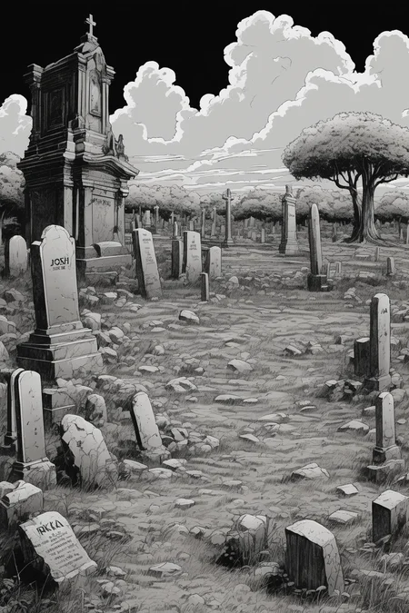 Josh Kirby Style - detailed comic book illustration of akira dirty gravestones landscape drawn in the style of rick and mortyq 2