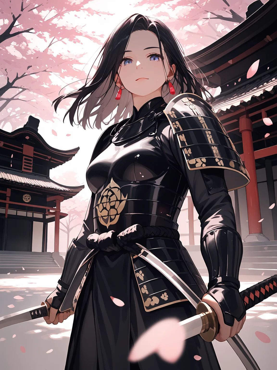 score_9, score_8_up, score_7_up,score_6_up,
holding sliver sword,
outdoor, sharp focus, dark theme, direct and engaging gaze,
high-resolution image capturing fine details, soft shadow, direct and engaging gaze,
cherry blossom, Japan temple background,
(in the dark, deep shadow, low key, cold light),
exquisite and clear,
1girl, solo, shoulder armor,
looking at viewer, standing, bodysuit,
medium breasts,
beautiful face, earrings, long sliver hair,
samurai armor,
<lora:hinaSamuraiArmorPony_rev1:0.7>