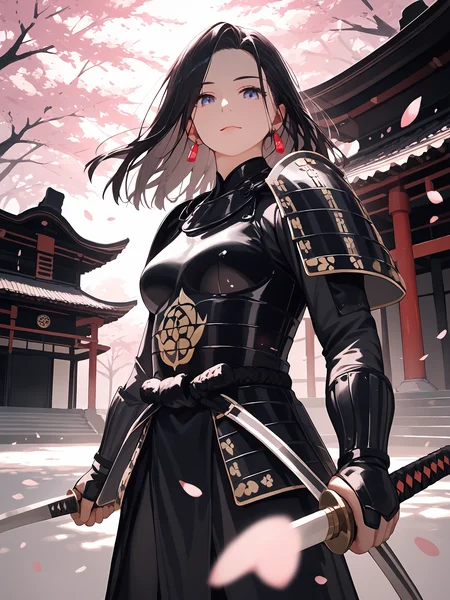 score_9, score_8_up, score_7_up,score_6_up,
holding sliver sword,
outdoor, sharp focus, dark theme, direct and engaging gaze,
high-resolution image capturing fine details, soft shadow, direct and engaging gaze,
cherry blossom, Japan temple background,
(in the dark, deep shadow, low key, cold light),
exquisite and clear,
1girl, solo, shoulder armor,
looking at viewer, standing, bodysuit,
medium breasts,
beautiful face, earrings, long sliver hair,
samurai armor,
<lora:hinaSamuraiArmorPony_rev1:0.7>