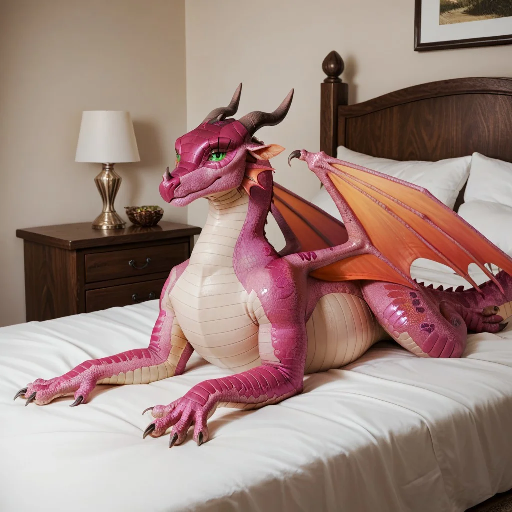 score_9, score_8_up, score_7_up, score_6_up, score_5_up, score_4_up, masterpiece, high quality, realistic, detailed, best quality, white bed, solo, rating_safe, source_furry, bedroom, smiling, seductive, looking at viewer, lying on belly, full body, detailed eyes, Rainwing, dragon, ear ruffs, head fins, scales, horns, claws, wings, tail, detailed eyes, Magnificent_wof, pink scales, female, 1girl, green eyes