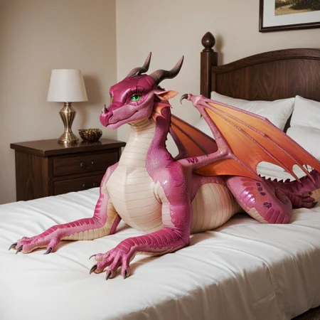 score_9, score_8_up, score_7_up, score_6_up, score_5_up, score_4_up, masterpiece, high quality, realistic, detailed, best quality, white bed, solo, rating_safe, source_furry, bedroom, smiling, seductive, looking at viewer, lying on belly, full body, detailed eyes, Rainwing, dragon, ear ruffs, head fins, scales, horns, claws, wings, tail, detailed eyes, Magnificent_wof, pink scales, female, 1girl, green eyes