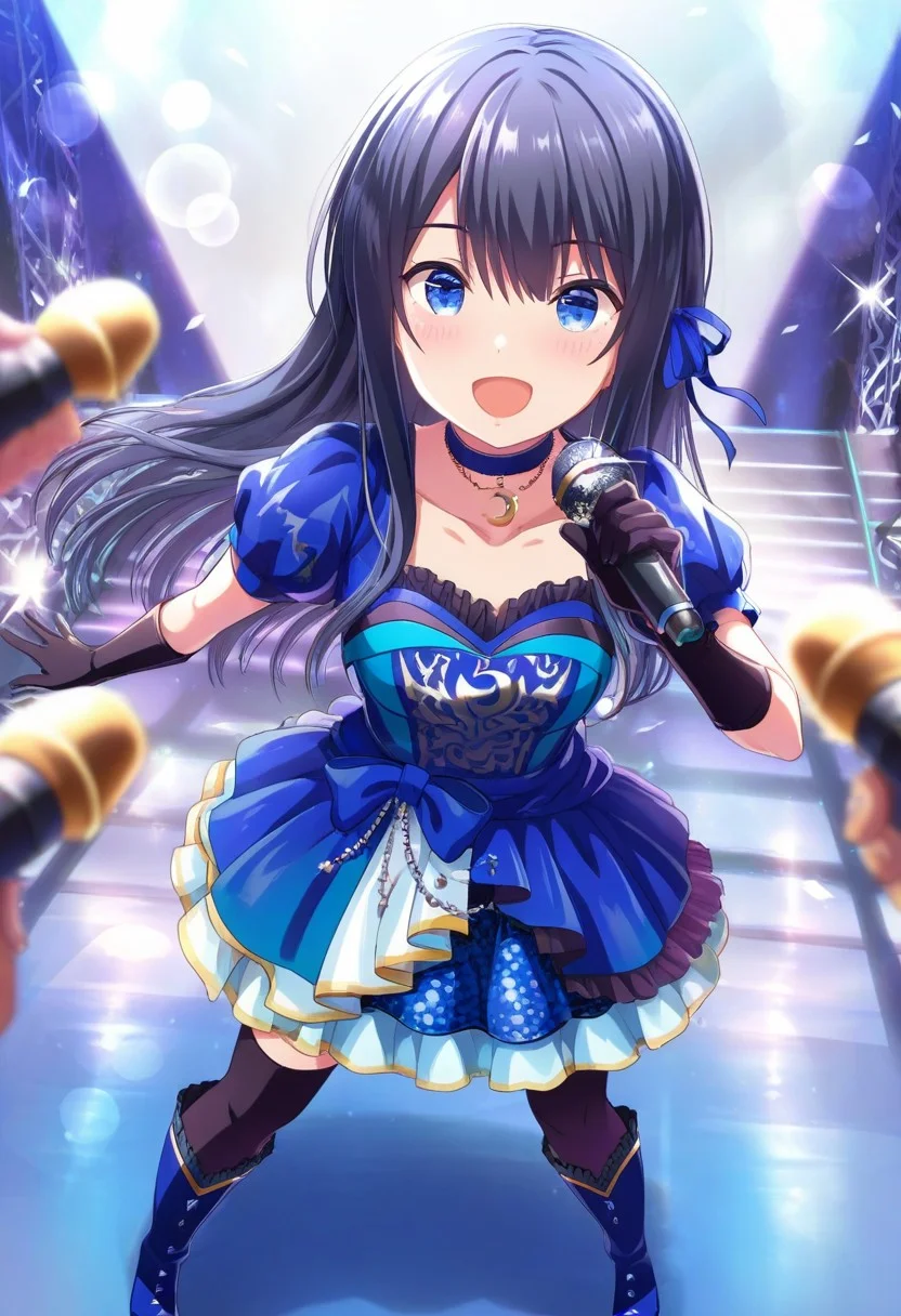 masterpiece, best quality,amazing quality,(source_anime),(anime coloring),(1boy), solo,(depth of field),(solo focus),8K,HDR,(ultra high res),(highres),(full body),(lens flare),smile,smiles,blush,(open mouth),(Nagase Kotono),bangs,(black hair),(long hair),(straight hair),(blue eyes),(hair between eyes),(hair ribbon),(collarbone),(necklace),(blue choker),(crescent choker),(pendant choker),(black gloves),(elbow gloves),(idol costume),(puffy short sleeves),(blue dress),(layered skirt),(black thighhighs),(blue footwear),(boots),(standing),(holding microphone),