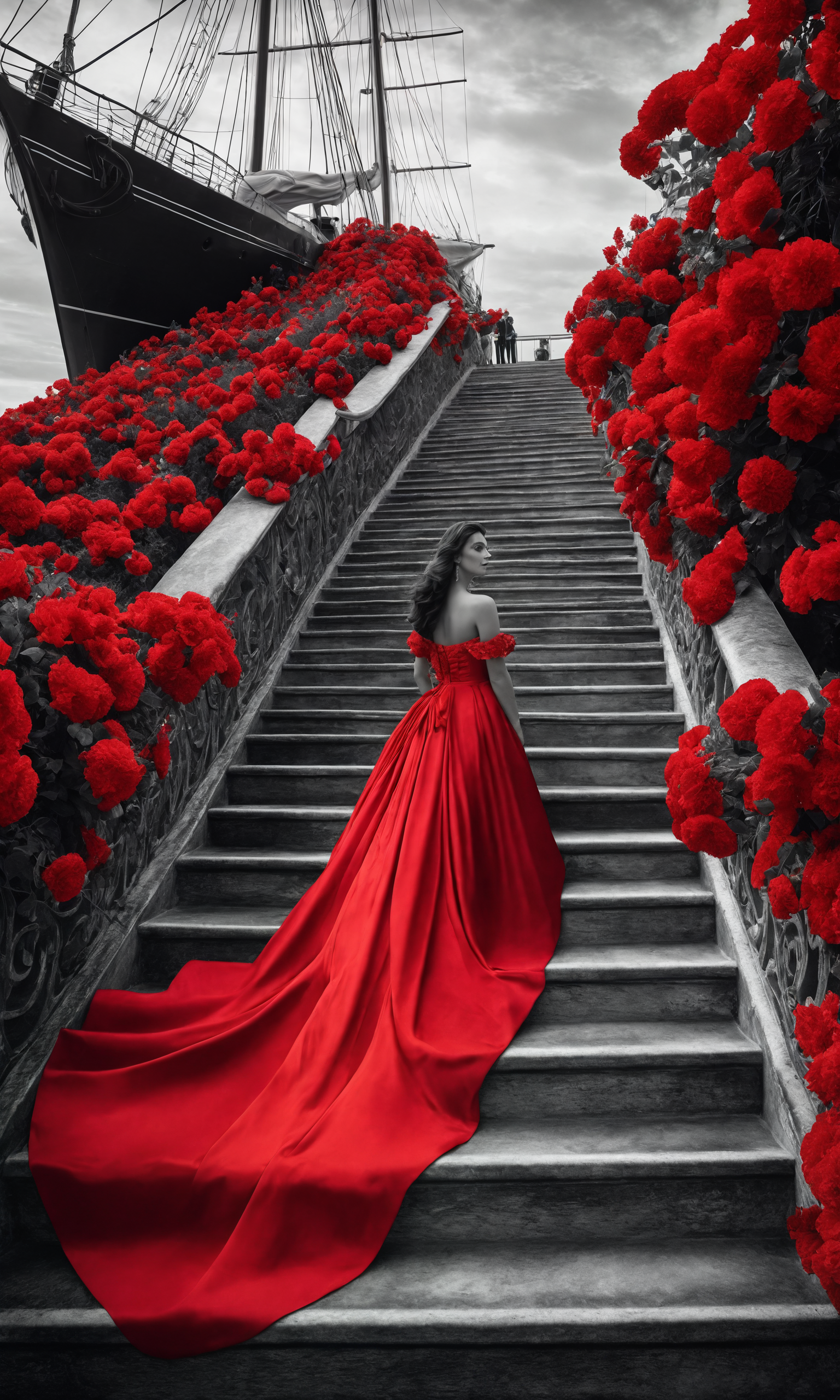 cinematic still black-and-white pencil, black and white tone, beautiful girl, in a lush dress of red flowers, with a long train of flowers ascends the stairs, petals, sunset, sea, ship with scarlet sail, hyper-detailing, vivid colors . emotional, harmonious, vignette, 4k epic detailed, shot on kodak, 35mm photo, sharp focus, high budget, cinemascope, moody, epic, gorgeous, film grain, grainy, black-and-white pencil, black and white tone, beautiful girl, in a lush dress of red flowers, with a long train of flowers ascends the stairs, petals, sunset, sea, ship with scarlet sail, hyper-detailing, vivid colors, intricate, fine detail, sharp focus, elegant, highly detailed, cinematic, singular, dramatic light