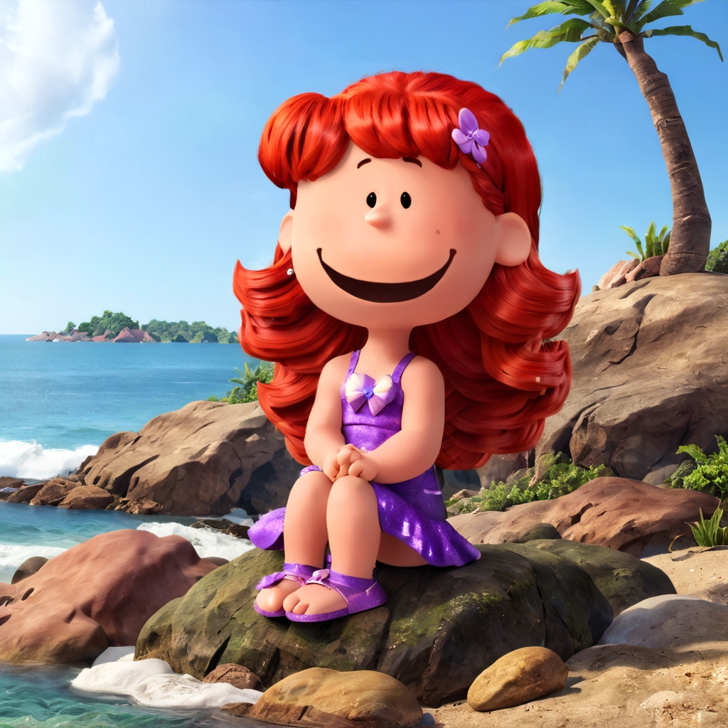 pampeanut a girl with red long glitter hair,sitting on a rock at the beach,laughing,3d
