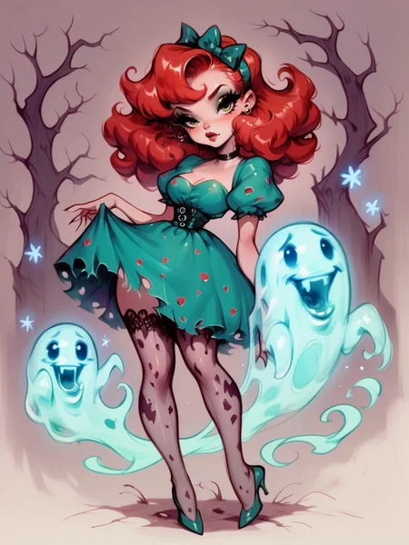score_9, score_8_up, score_7_up, score_6_up, score_5_up, <lora:K33N3RXLP:1> k33n3r, 1girl, solo, red hair, green dress, ghost