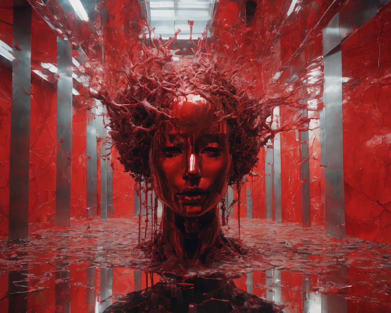 Hyperrealistic art Technopunk,photolab,Kodak portra,Light caustics,Color splash,Multiple layers of silhouette,Pencil painting,trending on CGSociety,"Through shattered mirrors of memories,reflections of a soul emerge,fragmented yet beautiful.",dripping fluorescent,red,(Wonderful, intricate),(a superb Art Brut Decollage art),<lora:Sweet_Sticky_xl-01:1> . Extremely high-resolution details, photographic, realism pushed to extreme, fine texture, incredibly lifelike