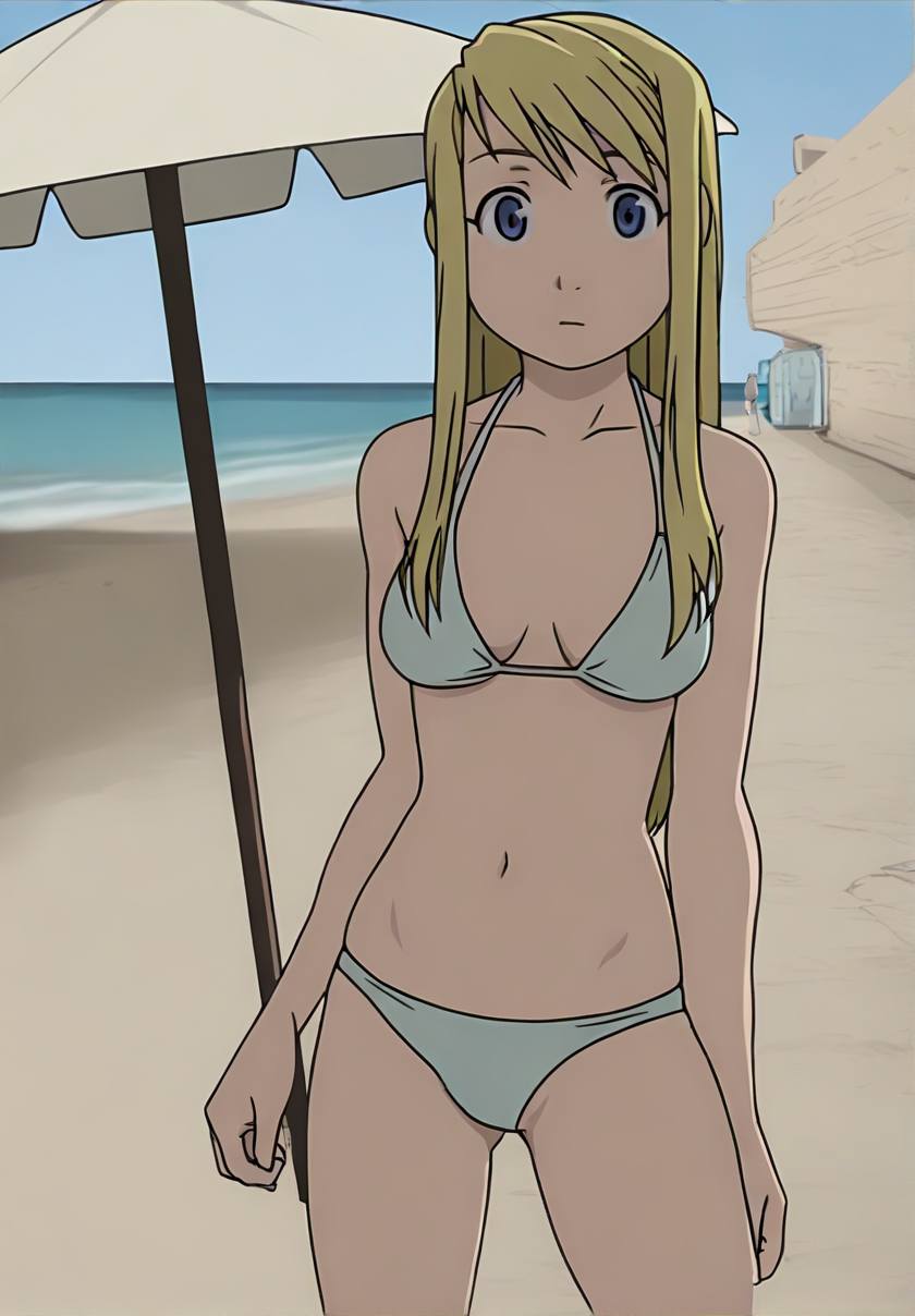 masterpiece, best quality, amazing quality, absurdres, 
<lora:Winry_Rockbell_IllustriousXL:0.9>, 1girl, solo, winryRockbell, 
bikini, 
beach, beach umbrella, looking at viewer, standing,
