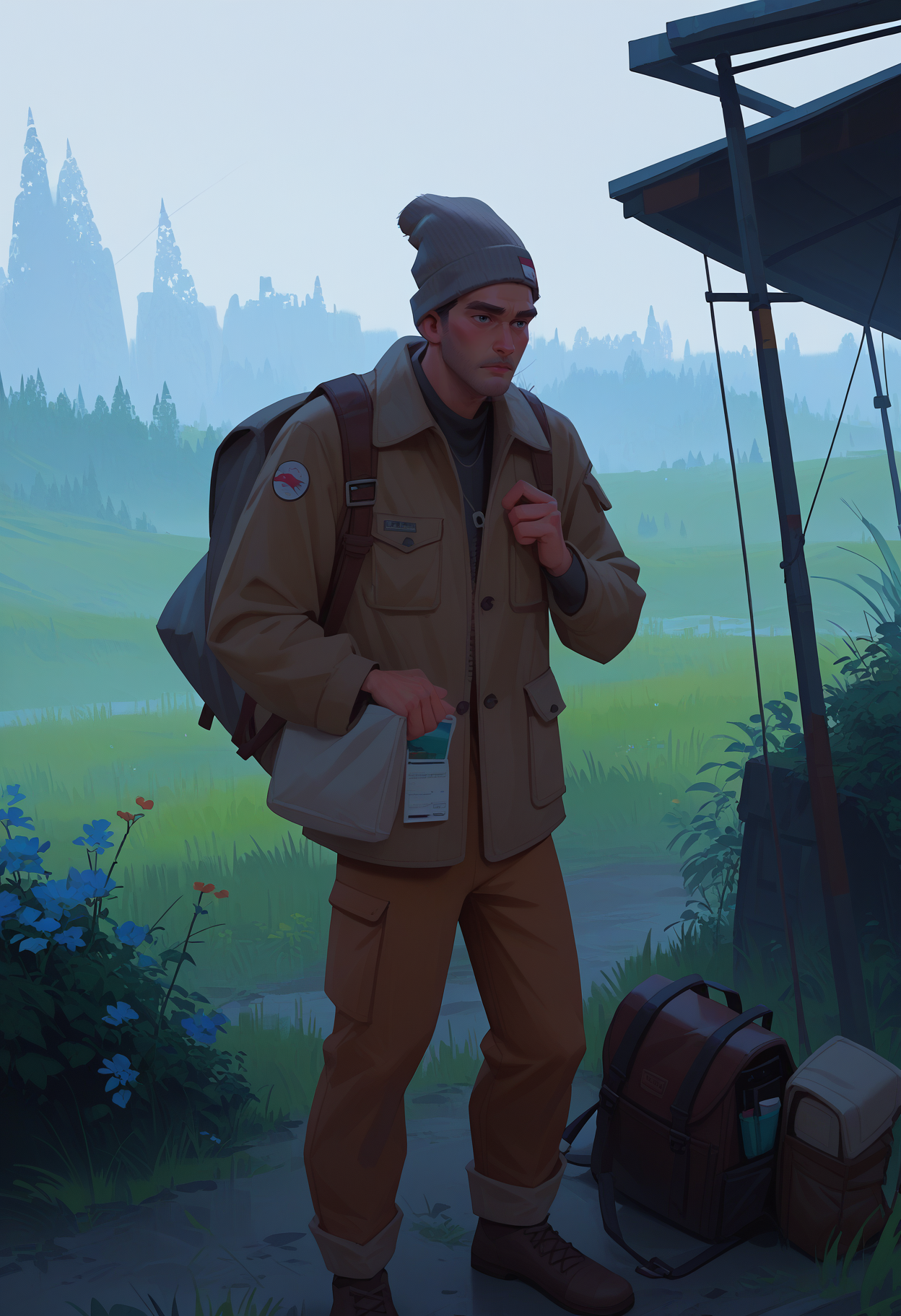 score_9, score_8_up, score_7_up, score_6_up, score_5_up, score_4_up,
 <lora:DreamPallete:1> dr3am,
outdoors, bag, 1boy, male focus, beanie, hat, backpack, solo, brown pants, grass, pants, grey headwear, standing, power lines, jacket