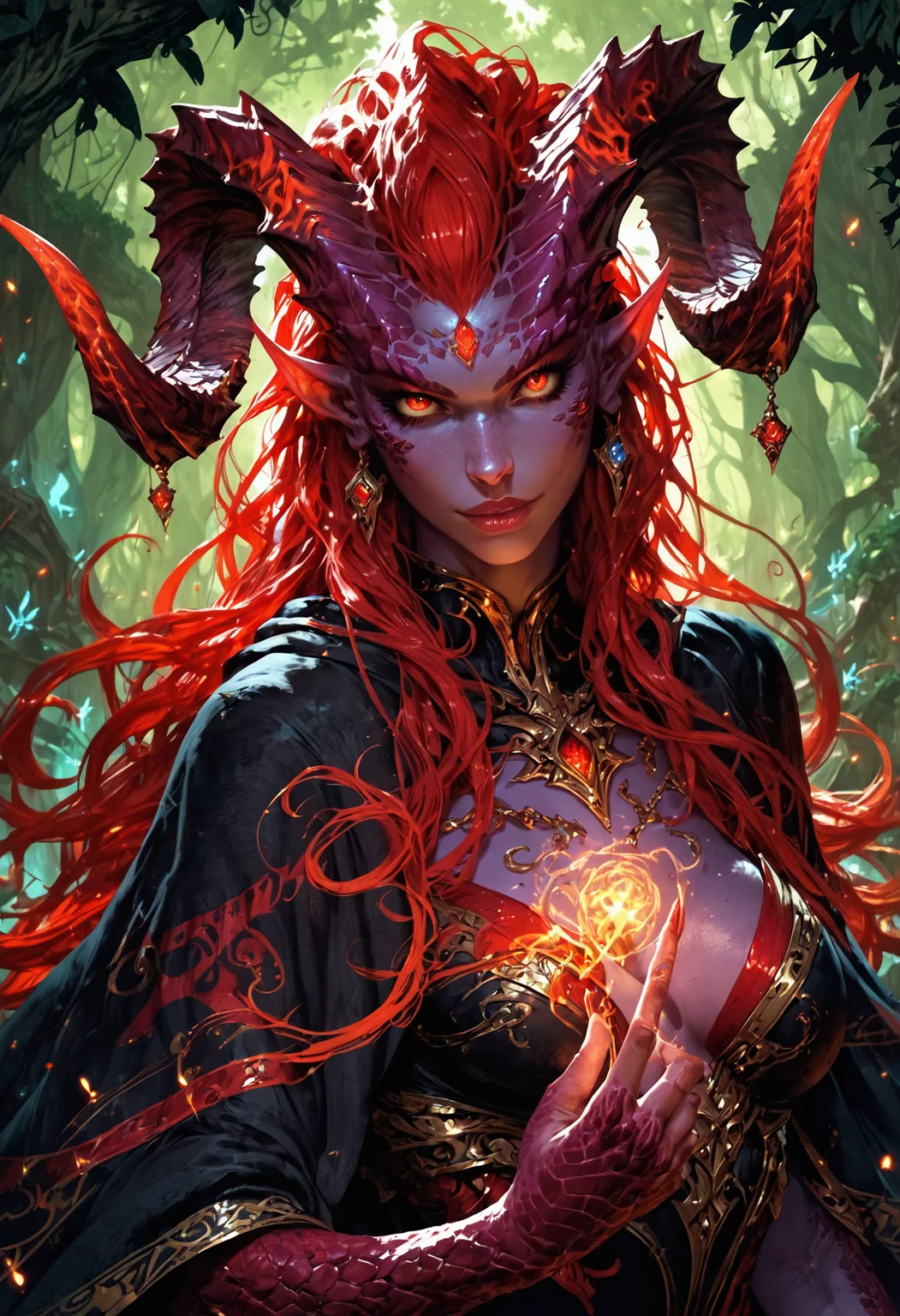 (score_9, score_8_up), score_7_up, zPDXL, solo, <lora:MythP0rtr4itStyle:1>, mythp0rt, monster girl, very beautiful, wizard, black robe, red trim, long hair, horns, scales, blue and purple gradient skin, magic on finger, in the forest, fantasy, solo focus,epic, concept art, realistic, highly detailed, upper body, looking at viewer