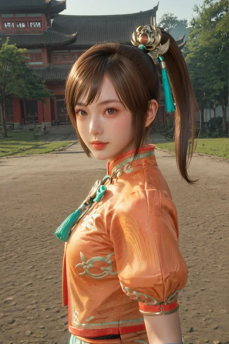 score_9, score_8_up, score_7_up, masterpiece, dynamic pose, <lora:Xiaoqiao_Dynasty_Warriors:0.8> 1girl, solo, brown hair, side ponytail, brown eyes, chinese clothes, hair ornament, outdoors, half body shot, looking at viewer