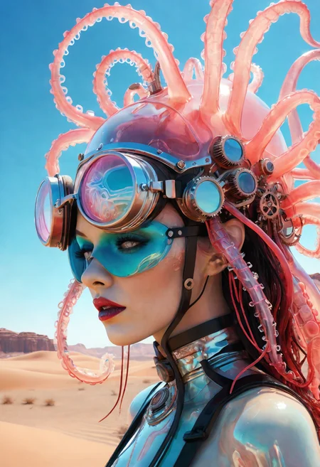 (Ombre color scheme of neon light red ,neon pink,black ) Ethereal cyborg woman, bioluminescent jellyfish headdress. Steampunk goggles blend with translucent tentacles. Cracked porcelain skin meets iridescent scales. Mechanical implants and delicate tendrils intertwine. Human features with otherworldly glow. Dreamy aquatic hues contrast weathered metal. Reflective eyes capture unseen worlds. Soft bioluminescence,  (desert background:1.3). Fusion of organic and synthetic, ancient and futuristic. Hyper-detailed textures, surreal atmosphere. <lora:sss:0.5> subsurface scattering, sss <lora:envyStarlight_v10:0.5> <lora:fx-monsters-XL:0.2> <lora:add-detail-xl:1>  <lora:MJ52_v2.0:0.65>, subsurface scattering, Photorealistic, Hyperrealistic, analog style, realistic, film photography, soft lighting, heavy shadow