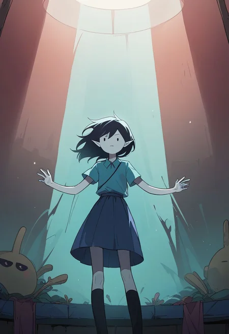 score_9, score_8_up, score_7_up, m4rc3l1n3,1girl,dot eyes,grey skin,marceline abadeer from adventure time, natural skin imperfections, extremely detailed, misty glass behind, from below, cinematic, filmic, exteremely high contrast, low saturation, delicate soft hazy lighting, very dark dark neon lighting, 80mm f2.8 lens, cinestill 8 0 0 t film, teal backdrop, misty atmosphere, source_cartoon, in the style of adventure time, Expressiveh, zPDXL