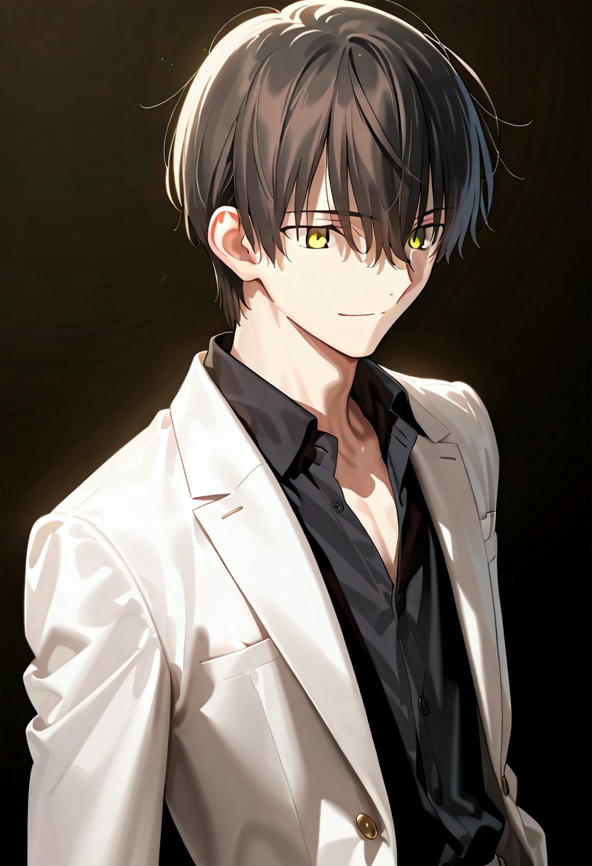 ((masterpiece, best quality, amazing quality, very aesthetic, absurdres)), 
Takeuchi takashi, ((solo)), calm, smile, closed mouth, 1boy, solo, peaceful, closed mouth, slim_build, detailed eyes, (((yagami_light face))), (((black hair, yellow eyes))), ((short hair, hair between eyes)), (((white suit, open suit, black shirt, collared shirt, black slacks))), no background, dark background, sideshot, cowboy shot, dark background, portrait,