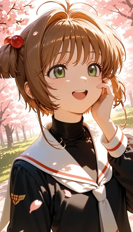 (masterpiece, best quality), amazing quality, very aesthetic, absurdres, highres, newest, HDR, 8K, high detail RAW color art, intricate details, high contrast, detailed background, large pupil, eyelashes, shiny skin,
(konya karasue:1.2763), (1girl), upper body, rubbing cheeks, round teeth, close-up, couple, kinomoto sakura\(cardcaptor sakura)\, tomoeda elementary school uniform, BREAK high angle, above, dutch angle, cherry blossom trees, walking, sunlight through the trees, soaring petals, flare, happy, smile, <lora:Aesthetic Quality_noobai_epsilon:0.8>, <lora:Pony People's Works_noob:1>,
