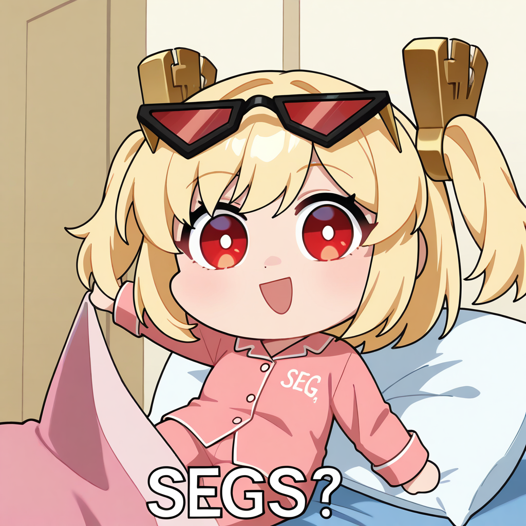 masterpiece, best quality, newest, absurdres, highres, segs, chibi, open mouth, smile, english text, :d, looking at viewer, blanket, pillow, holding,  <lora:SegsMeme_illusXLNoobAI_Incrs_v1-000012:1>, anime coloring,  <lora:Hoseki_ZenlessZoneZero_BurniceWhite_IllustriousXL_v1:0.8> brncwht, red eyes, blonde hair, medium hair, twintails, hair ornament, eyewear on head, sunglasses, pajamas,