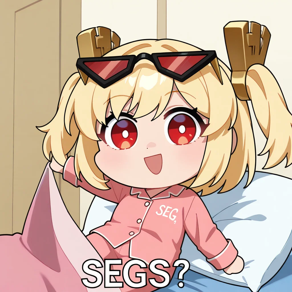 masterpiece, best quality, newest, absurdres, highres, segs, chibi, open mouth, smile, english text, :d, looking at viewer, blanket, pillow, holding, <lora:SegsMeme_illusXLNoobAI_Incrs_v1-000012:1>, anime coloring, <lora:Hoseki_ZenlessZoneZero_BurniceWhite_IllustriousXL_v1:0.8> brncwht, red eyes, blonde hair, medium hair, twintails, hair ornament, eyewear on head, sunglasses, pajamas,