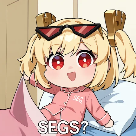 masterpiece, best quality, newest, absurdres, highres, segs, chibi, open mouth, smile, english text, :d, looking at viewer, blanket, pillow, holding, <lora:SegsMeme_illusXLNoobAI_Incrs_v1-000012:1>, anime coloring, <lora:Hoseki_ZenlessZoneZero_BurniceWhite_IllustriousXL_v1:0.8> brncwht, red eyes, blonde hair, medium hair, twintails, hair ornament, eyewear on head, sunglasses, pajamas,
