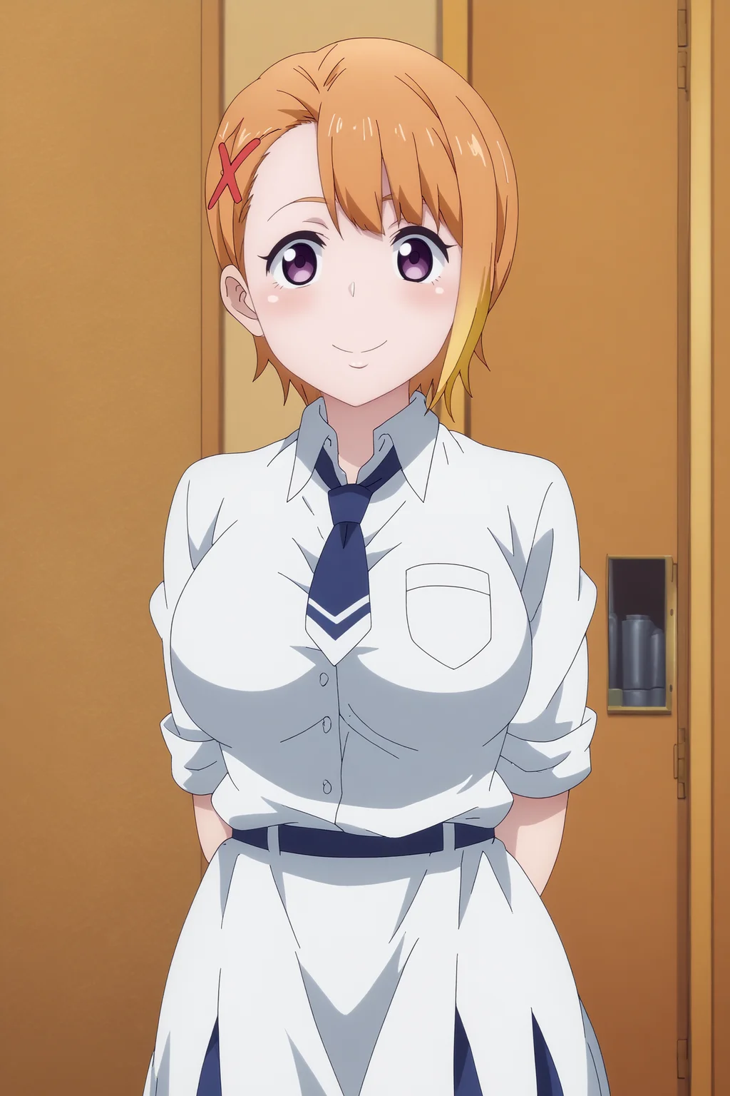 hana yurikawa,1girl,solo,hair ornament,x hair ornament,short hair,hairclip,blonde hair,necktie,school uniform,smile,shirt,looking at viewer,breasts,large breasts,standing,mature,cowboy shot,arms_behind_back,salute
BREAK
indoors,locker_room,corridor,school corridor
<lora:Hana_Yurikawa_-_Mieruko_Chan.safetensors:0.8>
<lora:detailed_backgrounds_v2.safetensors:0.5>