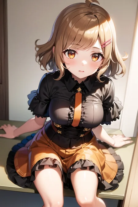 1girl,light brown hair, orange eyes,brown eyes, short hair, bangs, sidelocks, wavy hair, messy hair, hairclip, frilled dress,