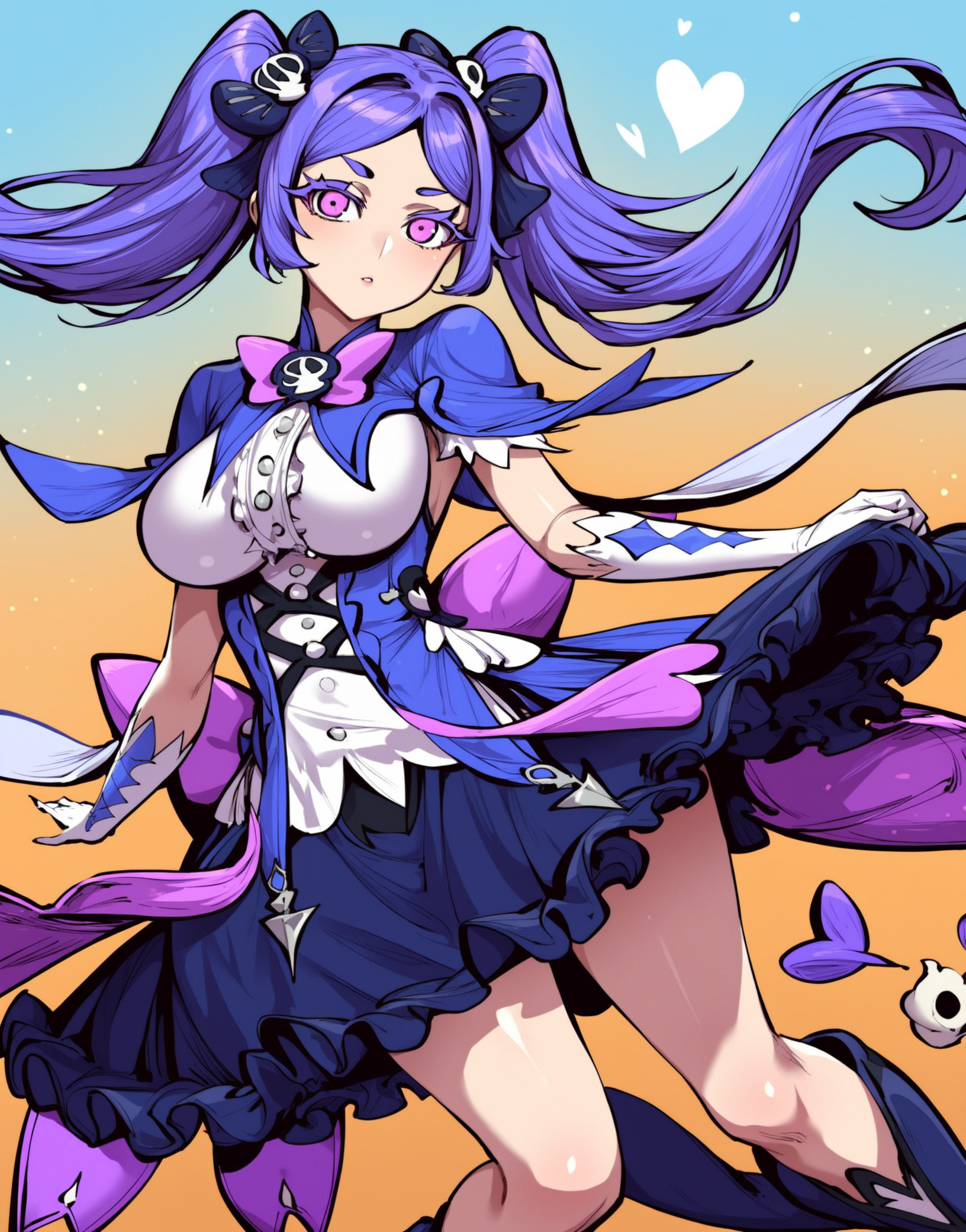 score_9,score_8_up,source_anime,(anime styal:1.1),anime,rating_explicit,1girl,<lora:lanmei-000032:1>,Lanmei haoxiongdi,twintails,purple hair,pink eyes,solo,perfect face,bedutiful eyes,<lora:DetailedEyes_V3:1>,slim waist,<lora:add-detail-xl:2>,<lora:ClearHand-V2:1>,magical girl,bow,gloves,white gloves,boots,breasts,purple bow,dress,skull hair ornament,looking at viewer,hair ornament,large breasts,black bow,black footwear,hair bow,heart,dress,(looking at viewer:1.1),blue sky,standing,Sexy pose,elegant,flying,