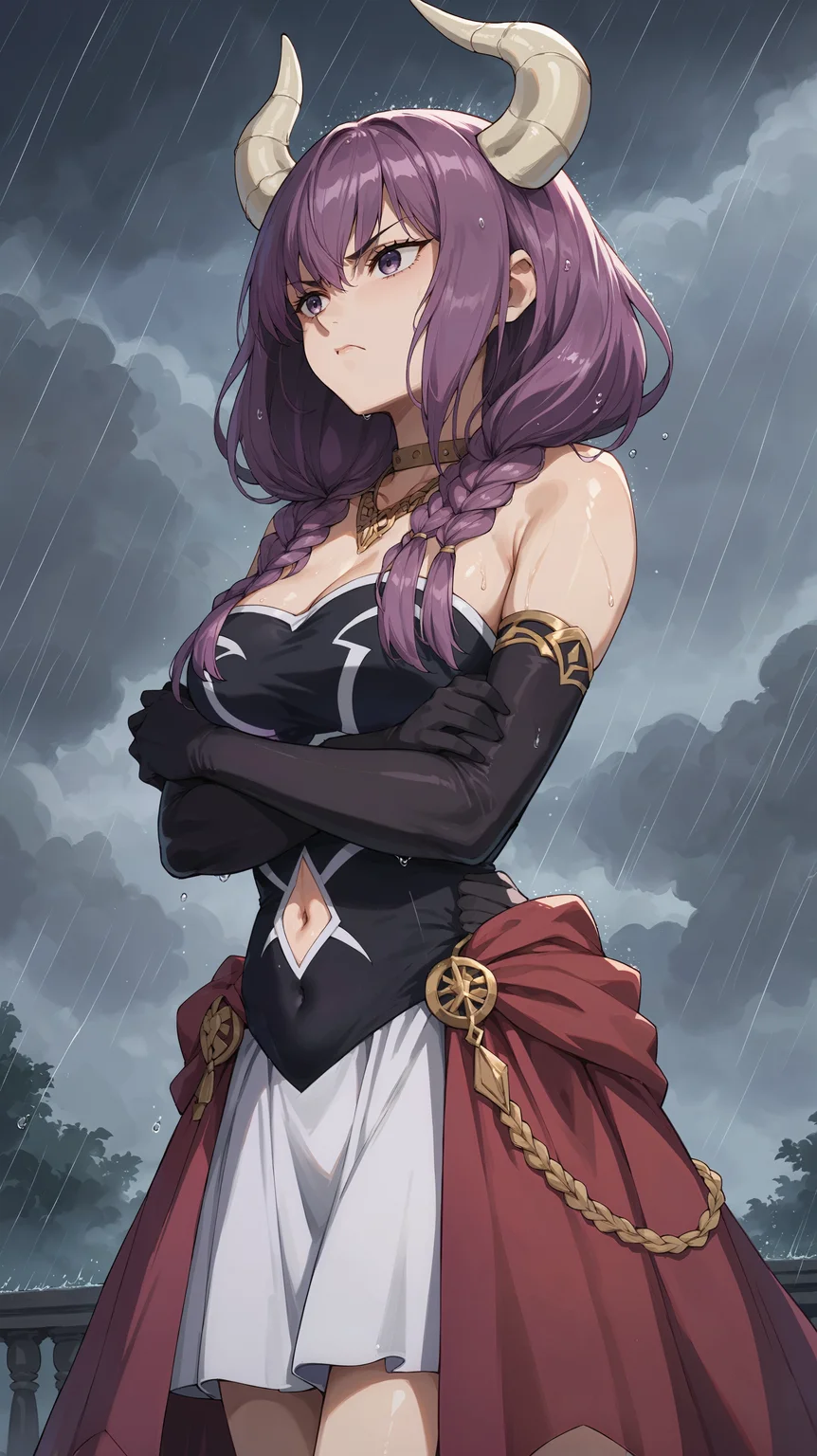 score_9,score_8_up,score_7_up,score_6_up, <lora:xl_more_art-full_v1:0.5>, source_anime, girl, dynamic pose, crossed arms, <lora:Aura - Pony-000004:0.8>, long hair, purple hair, multiple braids, bangs, purple eyes, white horns, gold necklace, gold choker, strapless dress, black dress, bare shoulders, black gloves, elbow gloves, navel cutout, red waist cape, white skirt, grey sky, storm clouds, raining, rain storm, water drop, wet hair, annoyed,